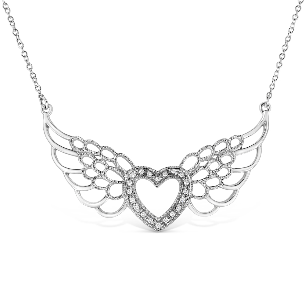 .925 Sterling Silver Pave-Set Diamond Accent Fairy Wing Heart Pendant Necklace